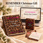 REMEMBER Christmas Gift bundle showing the journal, 55-card deck and online course represented on a laptop. Laptop is for illustration only.